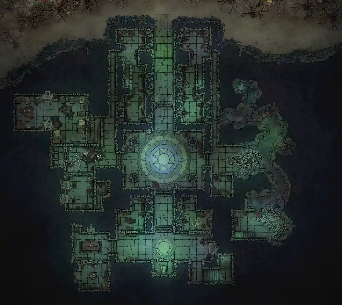 An overhead view of a detailed, symmetrical dungeon map with stone corridors, rooms, and a central circular design, overlaid…
