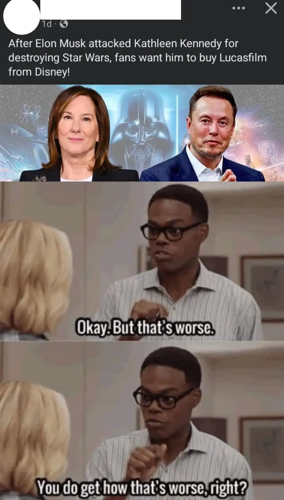The meme features a top panel with photos of Kathleen Kennedy and Elon Musk against a Star Wars-themed background, with…