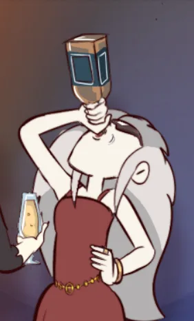 An anime-style woman with long grey hair and a red dress holds a champagne flute in one hand and raises a book with a…