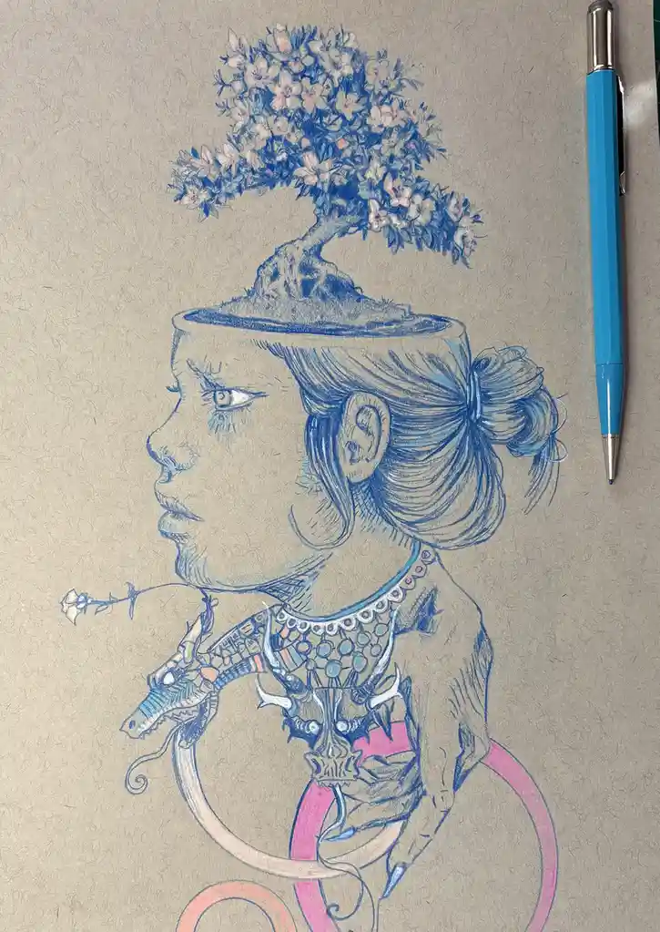 A detailed drawing on textured paper shows a woman in profile with a bonsai tree growing out of her head, wearing ornate…
