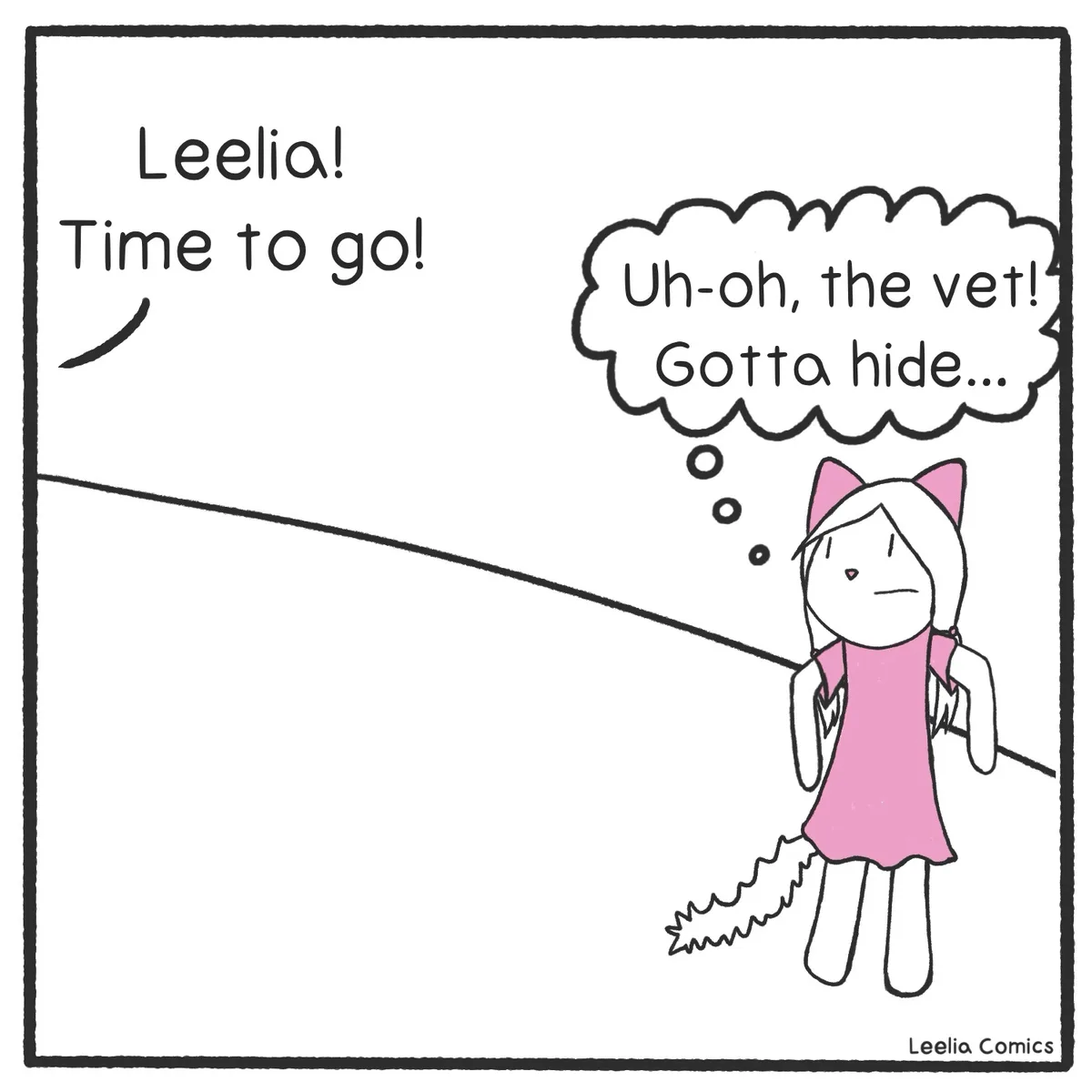 A simple black-and-white comic panel shows a cartoon girl with pink cat ears and a pink dress, standing with a worried…
