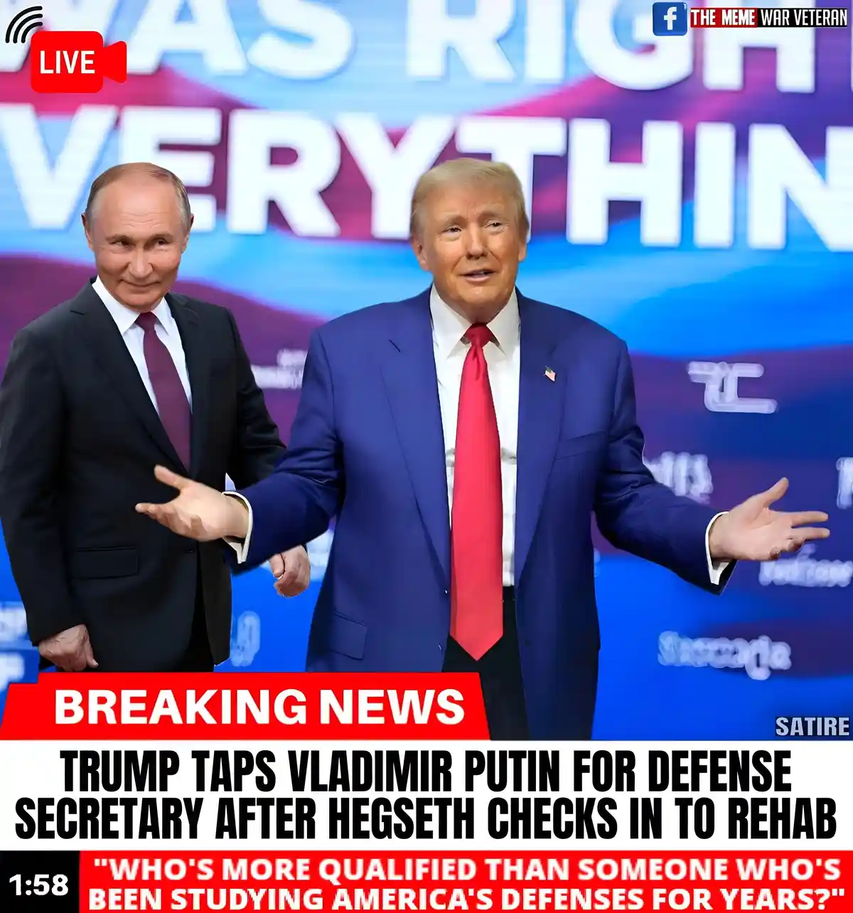 The image shows Donald Trump and Vladimir Putin standing side by side in front of a news broadcast backdrop. Trump is…