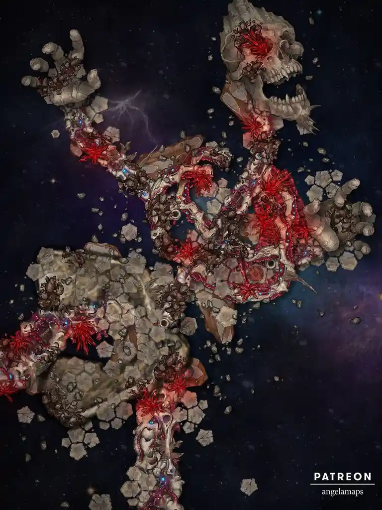 A cosmic, skeletal map composed of floating bones, skulls, and red crystalline growths against a starry space background…