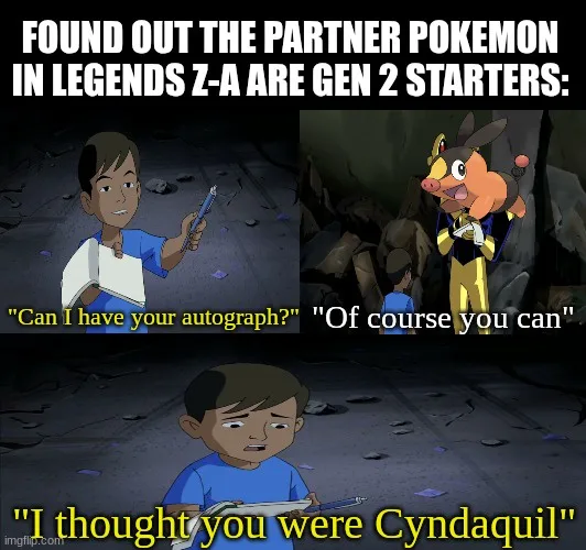 The image is a three-panel meme featuring a young boy in a blue shirt. In the top left, he asks a Pokémon for an autograph…