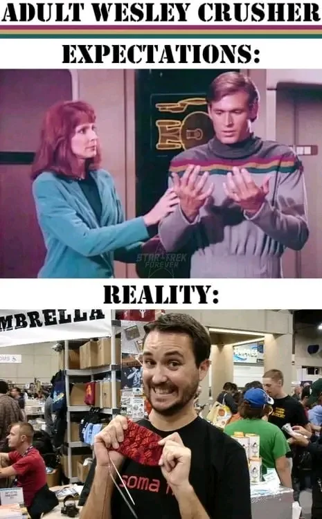 The meme features two panels. The top panel shows a scene from Star Trek: The Next Generation with a woman in a blue jacket…
