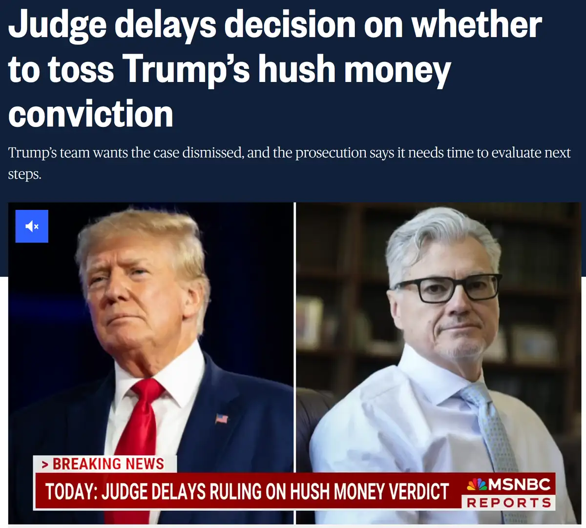 The image displays a split-screen news graphic from MSNBC Reports featuring Donald Trump on the left and a man with glasses…
