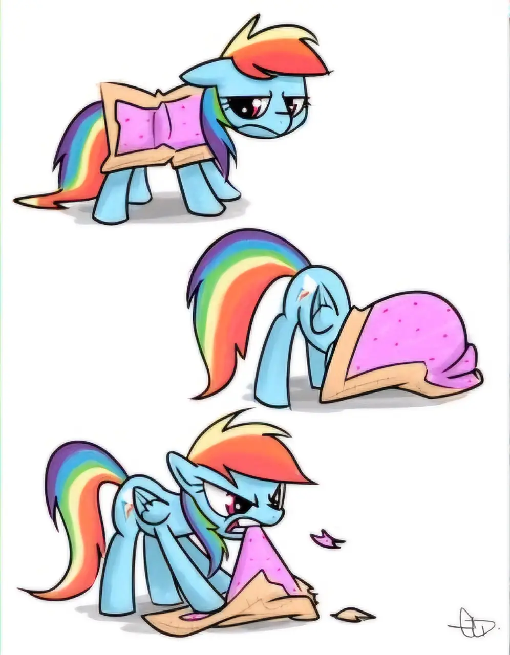 The image shows three panels of the My Little Pony character Rainbow Dash. In the top panel, she stands with a sad…
