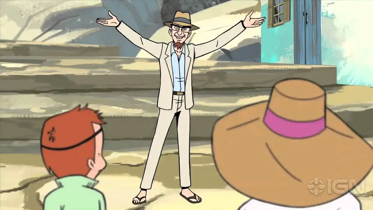 An animated man in a beige suit, hat, and glasses stands with arms wide open, smiling confidently at two children. One child…