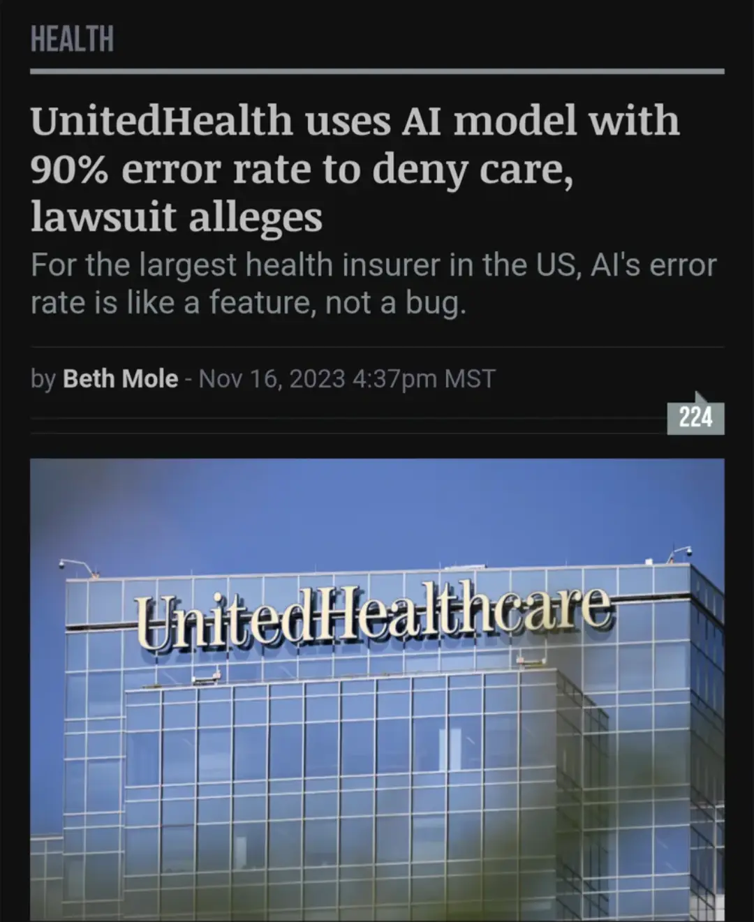 A screenshot of a news article headline about UnitedHealthcare using an AI model with a 90% error rate to deny care, with…