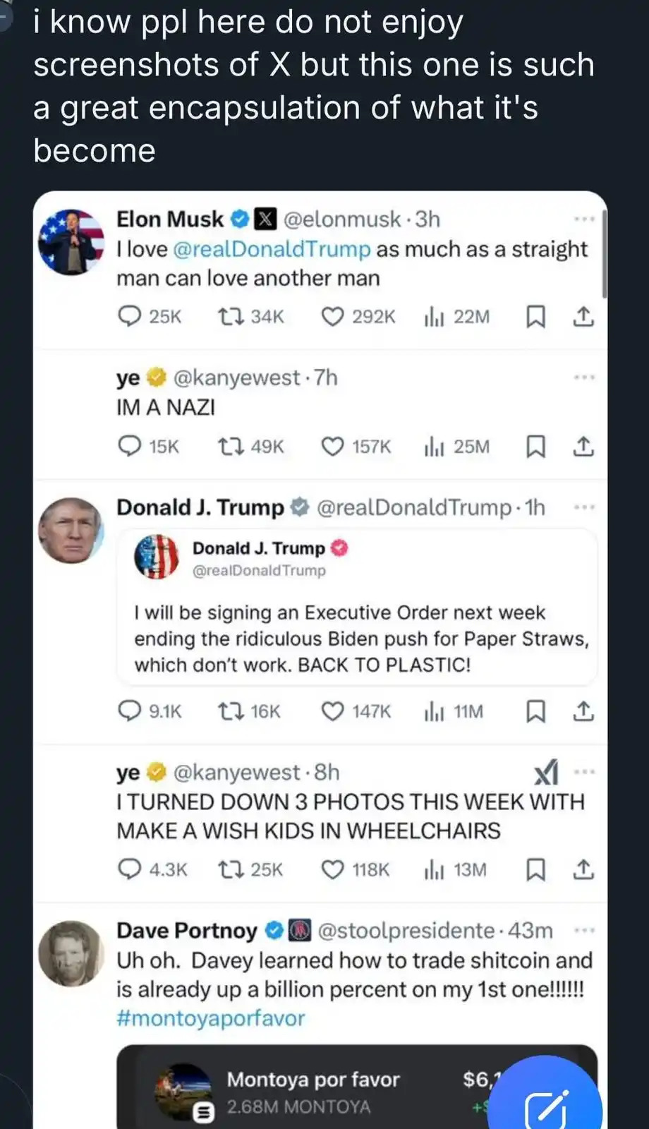 A screenshot of a Twitter/X thread shows Elon Musk praising Donald Trump, followed by Kanye West replying 'IM A NAZI', Trump…