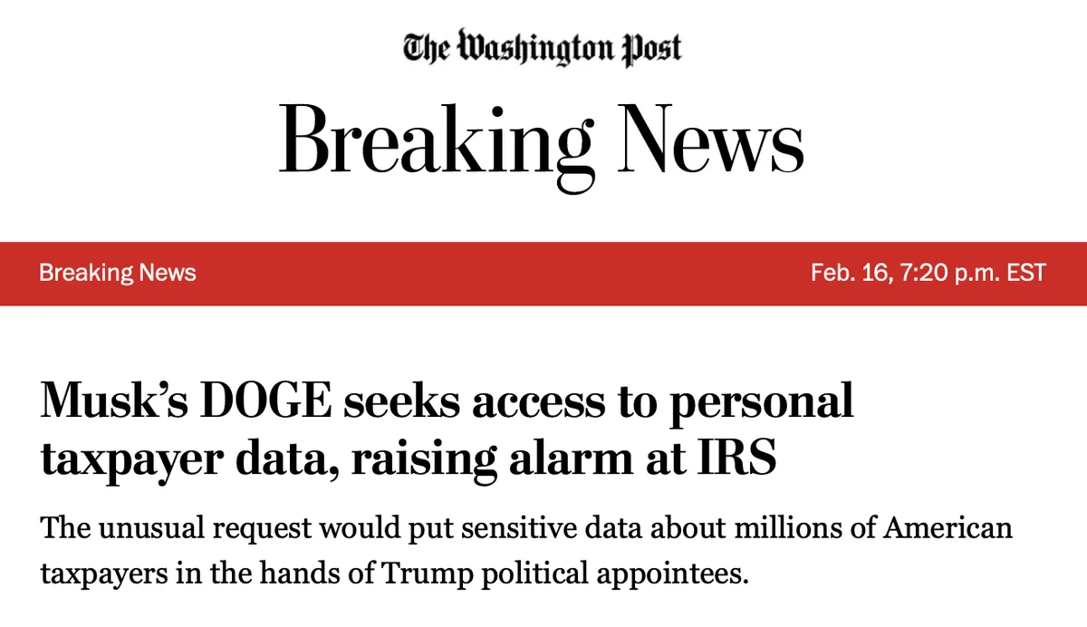 The image displays a fake breaking news headline from The Washington Post, dated Feb. 16, 7:20 p.m. EST, with the headline…