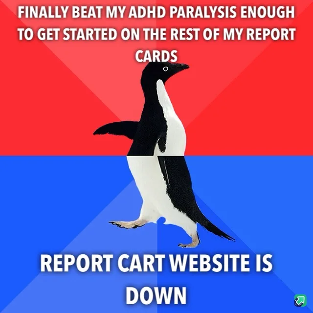 A penguin stands centered against a red and blue background, with white text overlaid. The top text reads 'FINALLY BEAT MY…