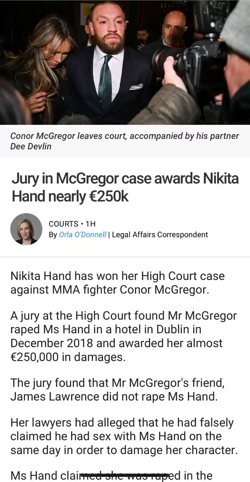 A screenshot of a news article about Conor McGregor leaving court, with the headline 'Jury in McGregor case awards Nikita…
