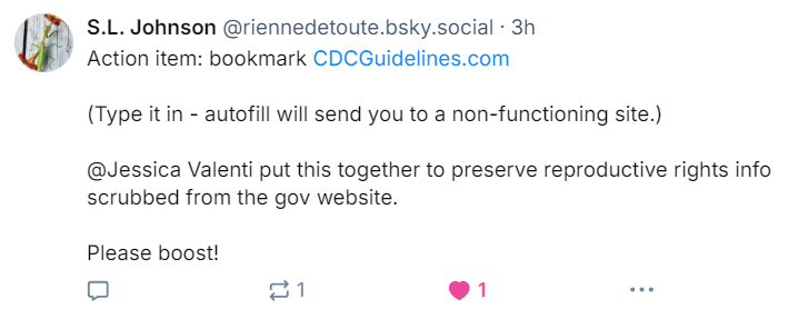 A screenshot of a social media post by S.L. Johnson, urging users to bookmark 'CDCGuidelines.com' with a warning that…