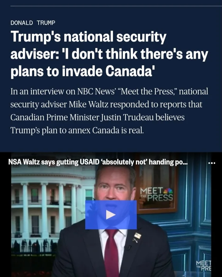 A screenshot of a news article about Donald Trump's national security adviser Mike Waltz denying invasion plans against…