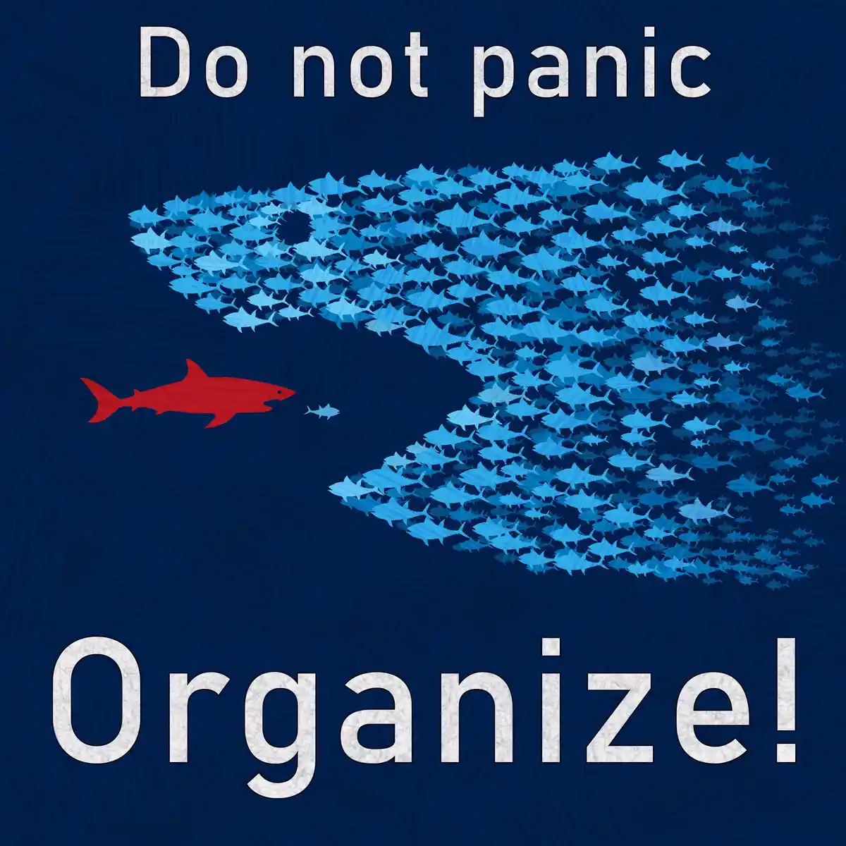 A dark blue ocean scene shows a red shark swimming toward a large, organized school of blue fish arranged in a precise…