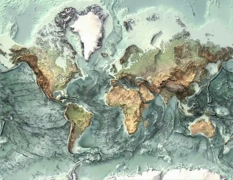 A 3D-rendered topographical map of Earth showing continents and oceans with a textured, mountainous appearance. Overlaid…