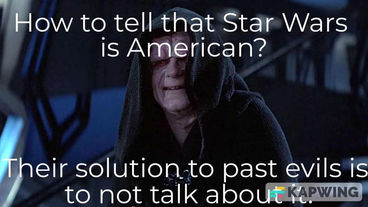 A still image of the character Palpatine from Star Wars, wearing his dark hooded robe and looking sinister, with white text…