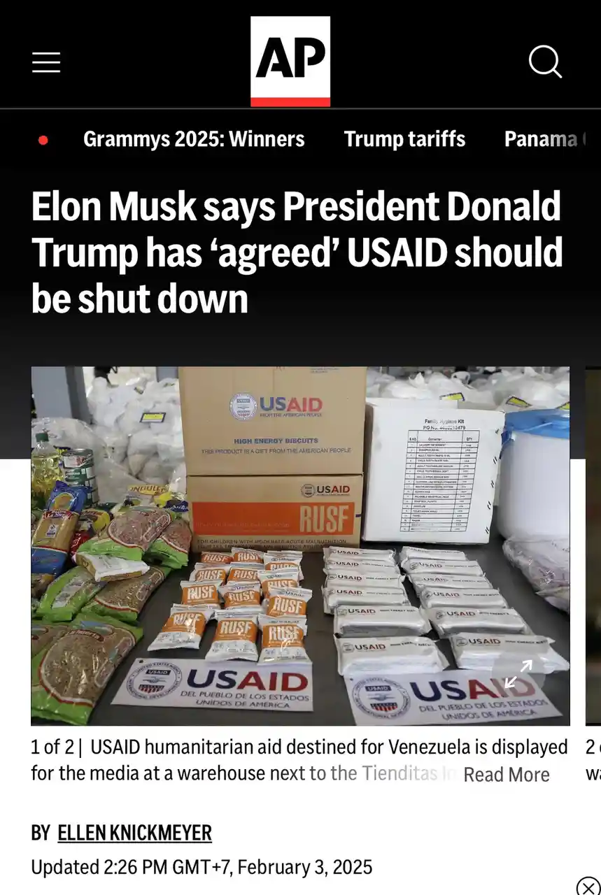 An Associated Press news article screenshot shows a headline about Elon Musk claiming President Trump agreed to shut down…