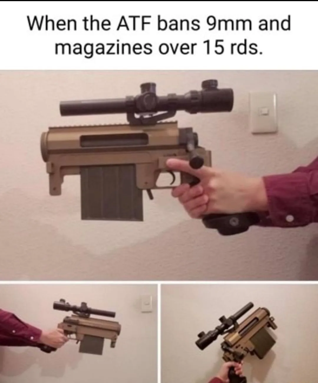 A person in a maroon shirt holds a tan-colored rifle with a scope and a large magazine, seemingly mounted to a wall. The top…