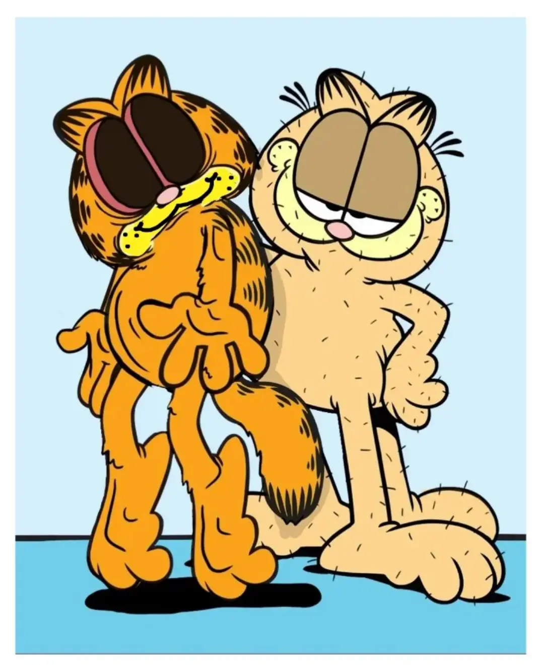 Two cartoon cats, one wearing sunglasses and looking away, the other standing beside him with a smug expression. The cat…
