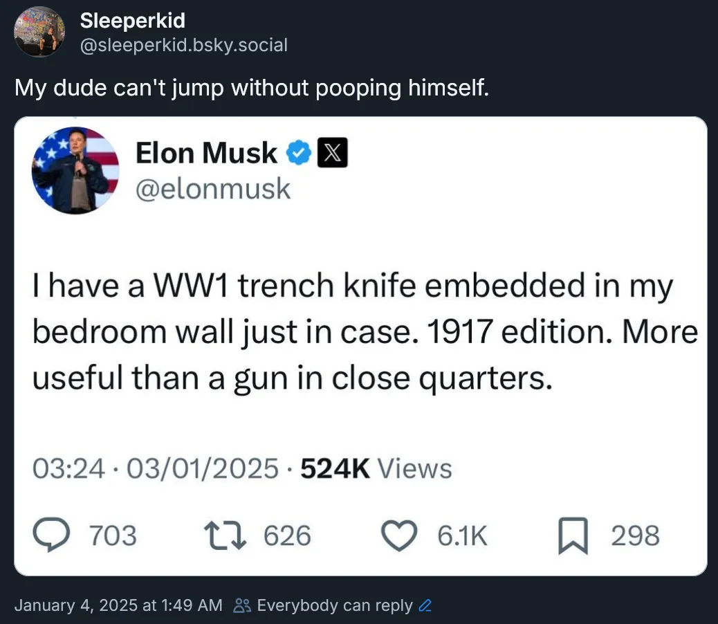 A screenshot of a social media post by 'Sleeperkid' showing a fabricated tweet from Elon Musk that reads: 'I have a WW1…