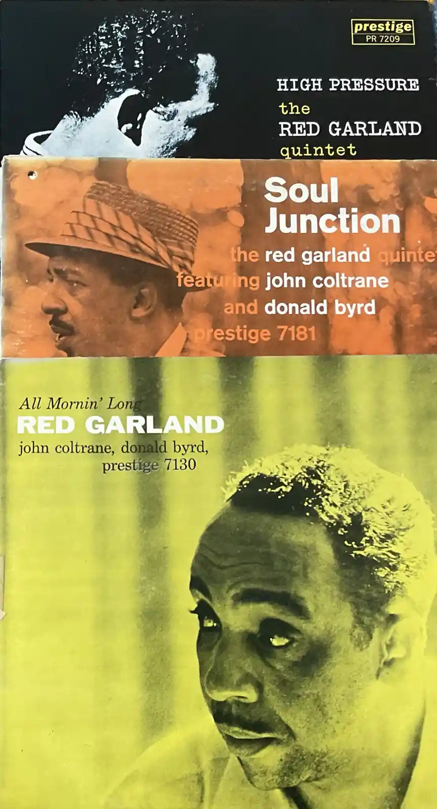 The image displays three stacked vintage jazz album covers featuring the Red Garland Quintet. The top cover is black and…