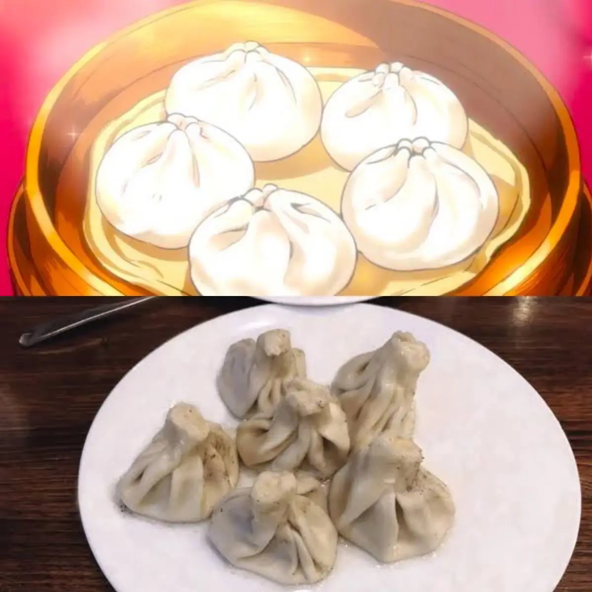 The image is split: the top half shows five perfectly round, white, steamed buns in a golden bamboo steamer with a pink…