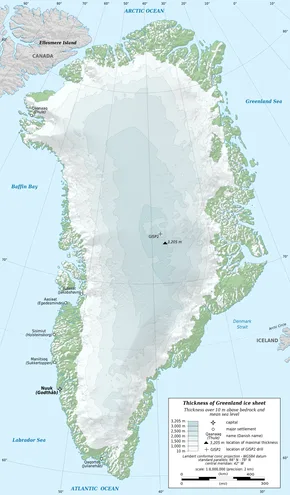 A map of Greenland showing the ice sheet thickness with a legend and labeled locations. Overlaid text reads 'GSSP 2,800 m'…