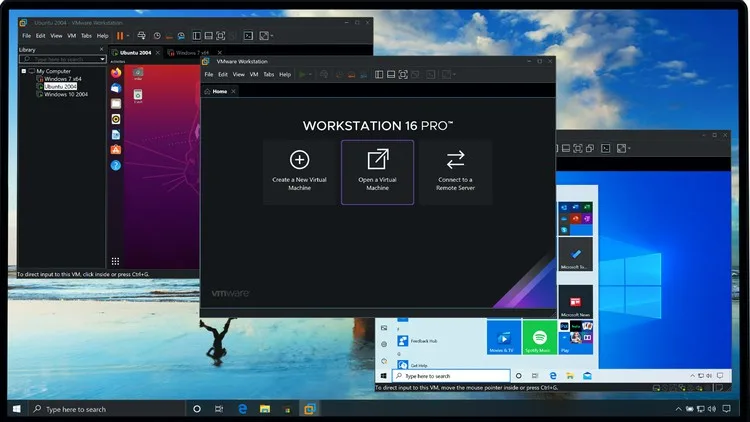 A computer screen shows VMware Workstation 16 Pro open with three options: Create a New Virtual Machine, Open a Virtual…