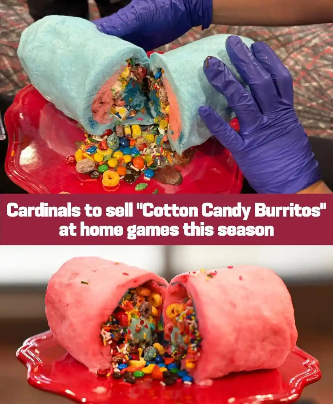 Two images show a large, rolled-up dessert resembling a burrito, cut in half to reveal a colorful filling of candy pieces…