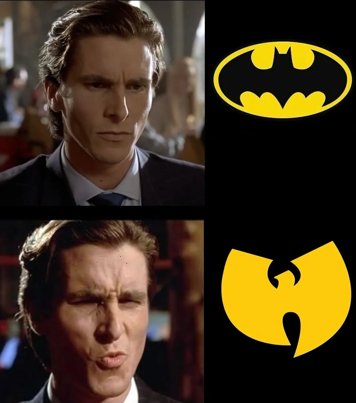 The image is a two-panel meme featuring actor Christian Bale in a suit, looking serious in the top panel and then making a…