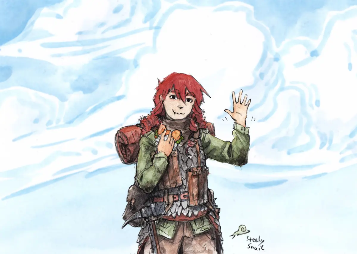 A watercolor illustration shows a red-haired, anime-style character in layered adventurer gear, including a green shirt…