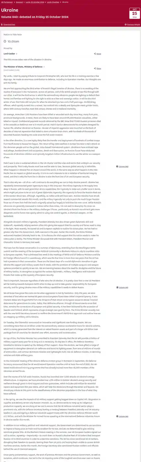 This image is a screenshot of a UK Parliament Hansard transcript from October 25, 2024, detailing a debate on Ukraine. The…
