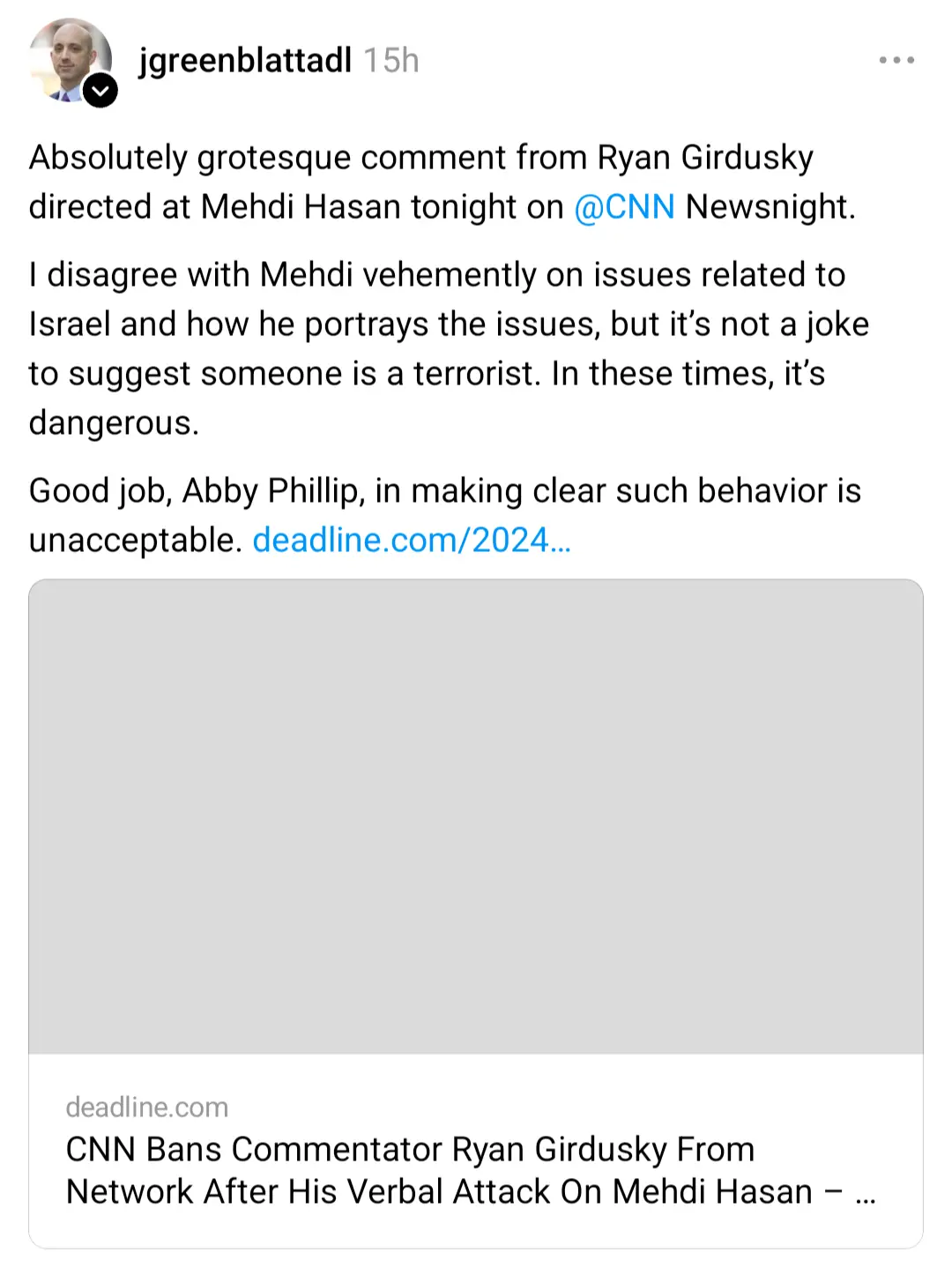 A screenshot of a tweet by jgreenblattadl criticizing Ryan Girdusky for a controversial comment on CNN Newsnight, followed…