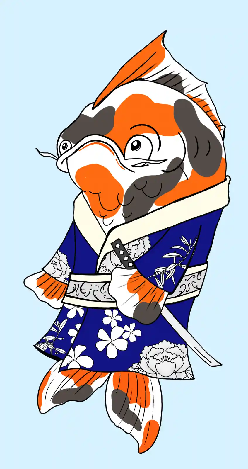 A cartoon koi fish with orange, white, and black markings is dressed in a blue kimono with white floral patterns and a white…