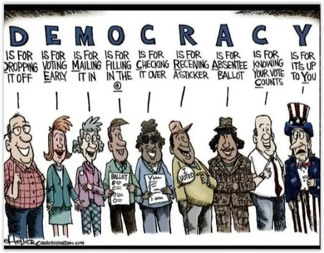 A cartoon shows a line of diverse, smiling voters standing under the word 'DEMOCRACY' broken into letters. Each letter has a…