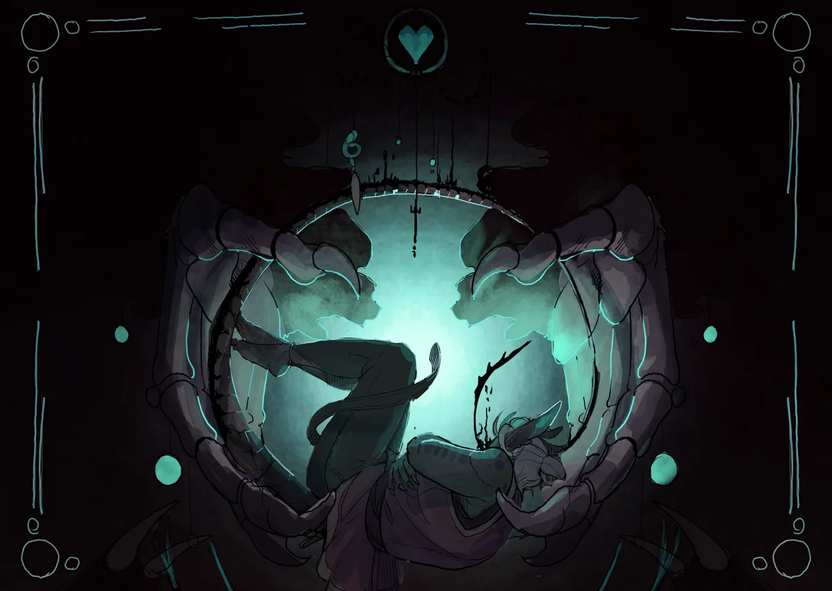 A dark, stylized illustration shows two large, skeletal hands holding a glowing teal orb. Inside the orb, two figures are…