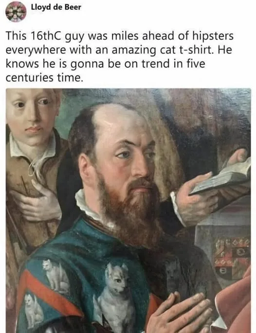 A 16th-century painting depicts a bearded man in a dark green and red garment with multiple white cat illustrations on the…