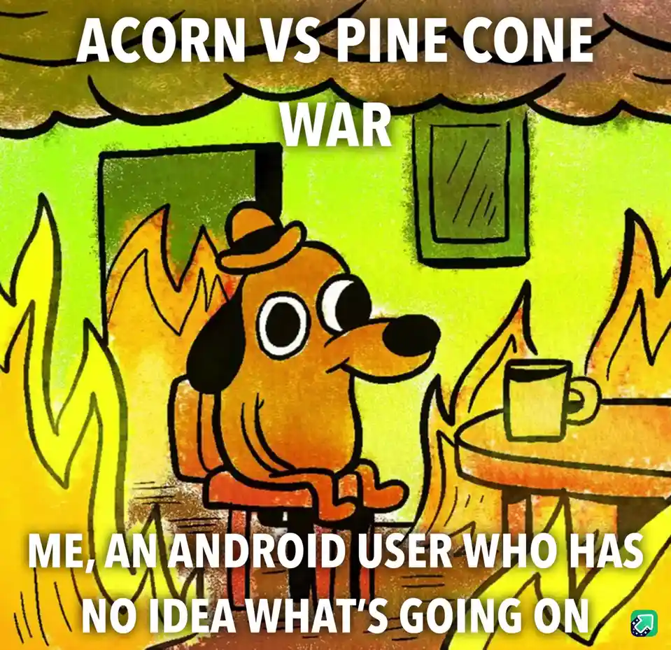 A cartoon dog wearing a hat sits calmly in a room engulfed in flames, holding a mug, while text declares 'ACORN VS PINE CONE…