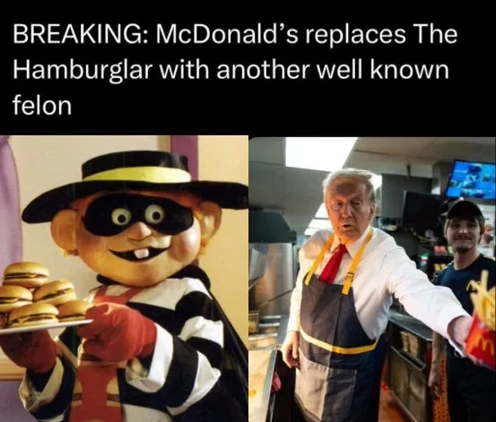 The image is split into two panels. The left panel shows The Hamburger, a cartoonish mascot in a black-and-white striped…