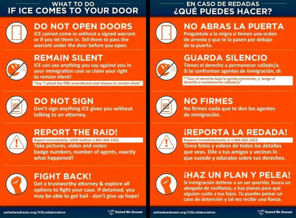 A bilingual infographic split into two columns, left in English and right in Spanish, detailing what to do if ICE (U.S…