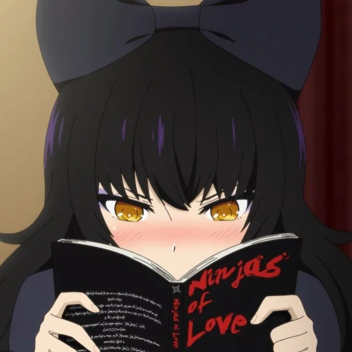 An anime girl with black hair and a large bow reads a book titled 'Ninjas of Love' while blushing and sweating nervously…
