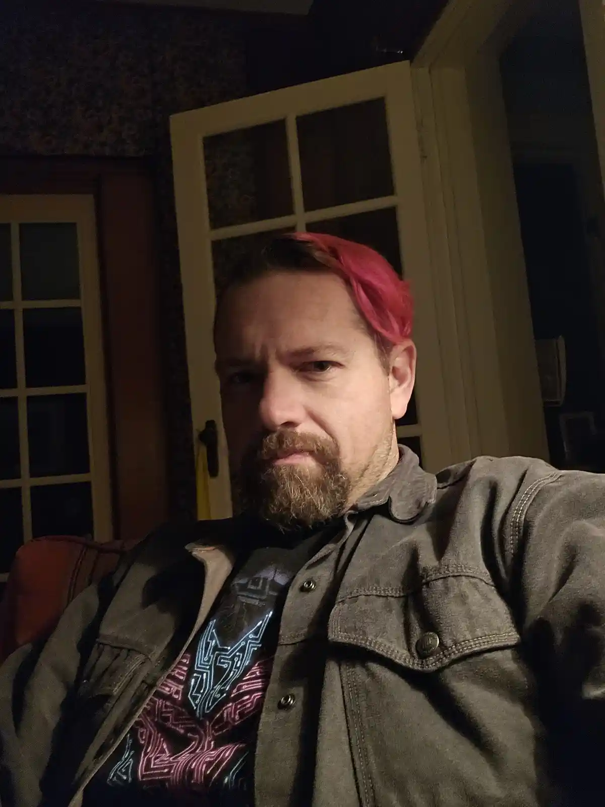 A man with a beard and a section of bright pink hair in his otherwise dark hair takes a selfie indoors at night, looking…