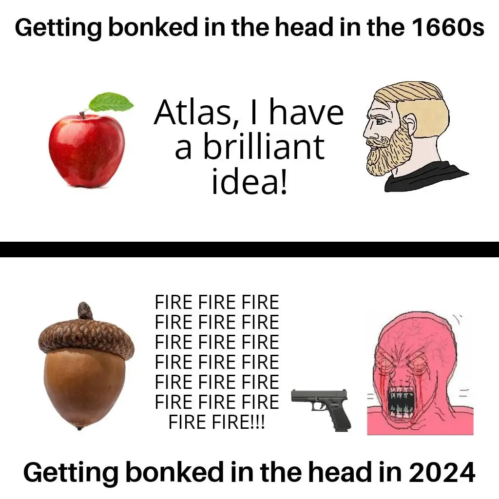 The top panel shows a red apple next to a cartoon bust of Atlas with the text 'Atlas, I have a brilliant idea!' and the…