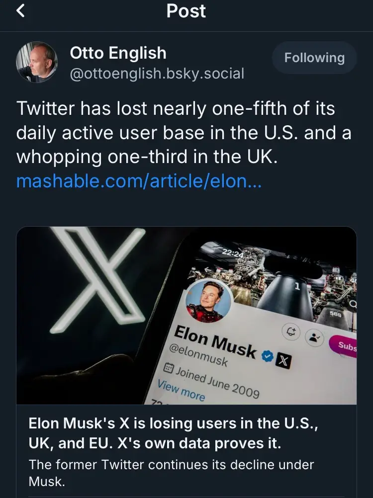 A screenshot of a social media post by Otto English showing a news article about Twitter's user decline under Elon Musk. The…