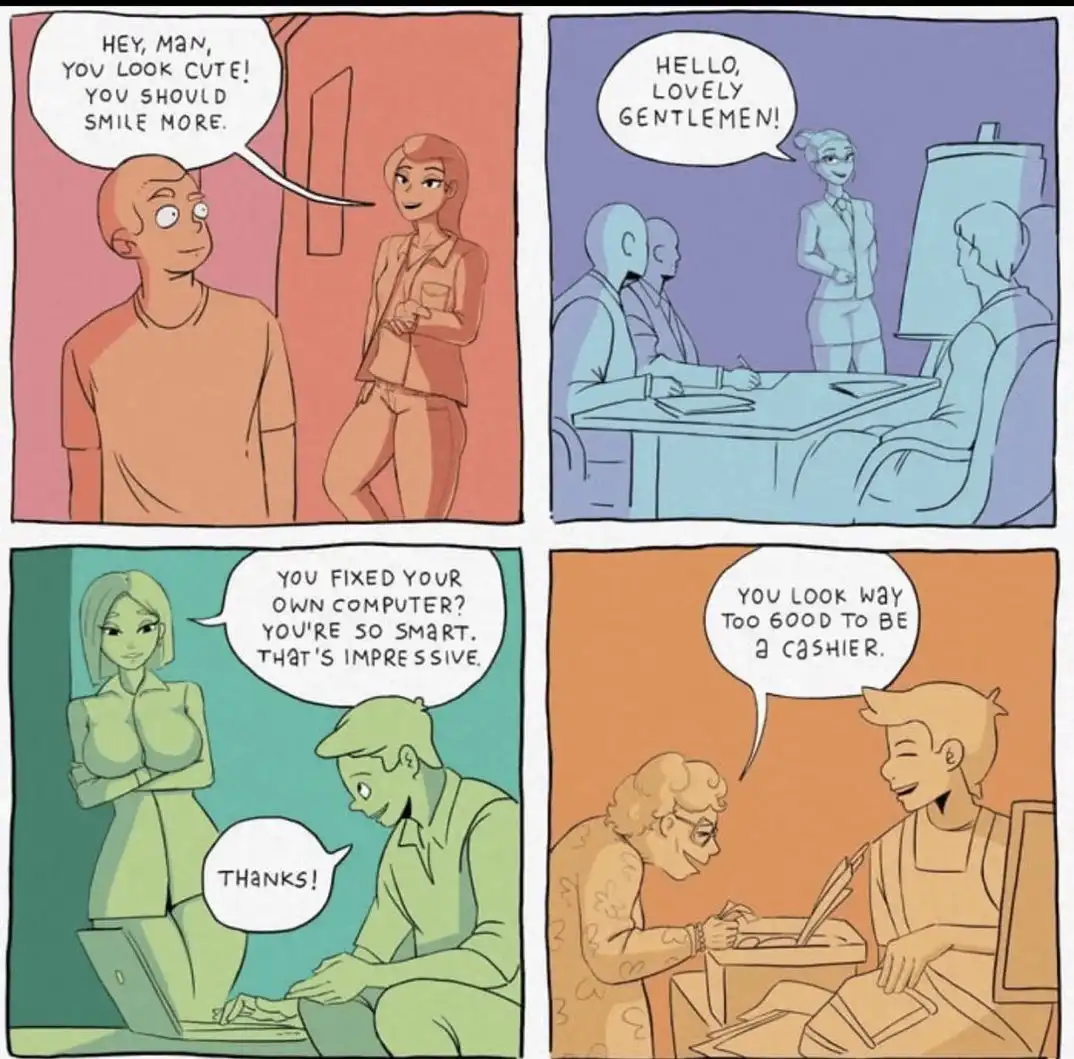 A four-panel comic strip showing a woman complimenting men in different scenarios: telling a man he looks cute and should…