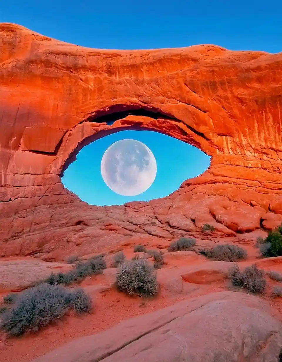 A desert landscape features a large red rock arch framing a full moon against a bright blue sky, with the overlaid text 'the…