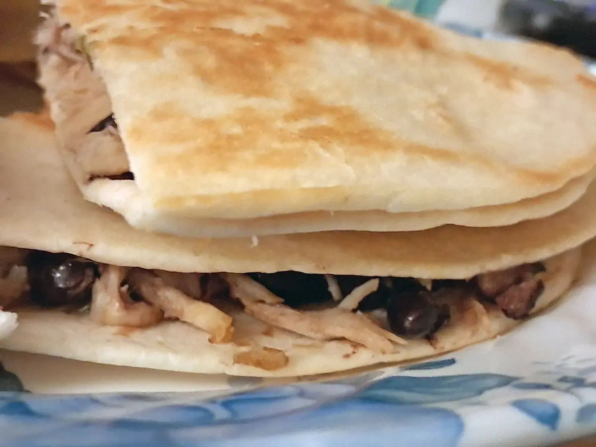 A close-up photo shows two stacked, golden-brown quesadillas on a blue-patterned plate, revealing shredded meat and black…