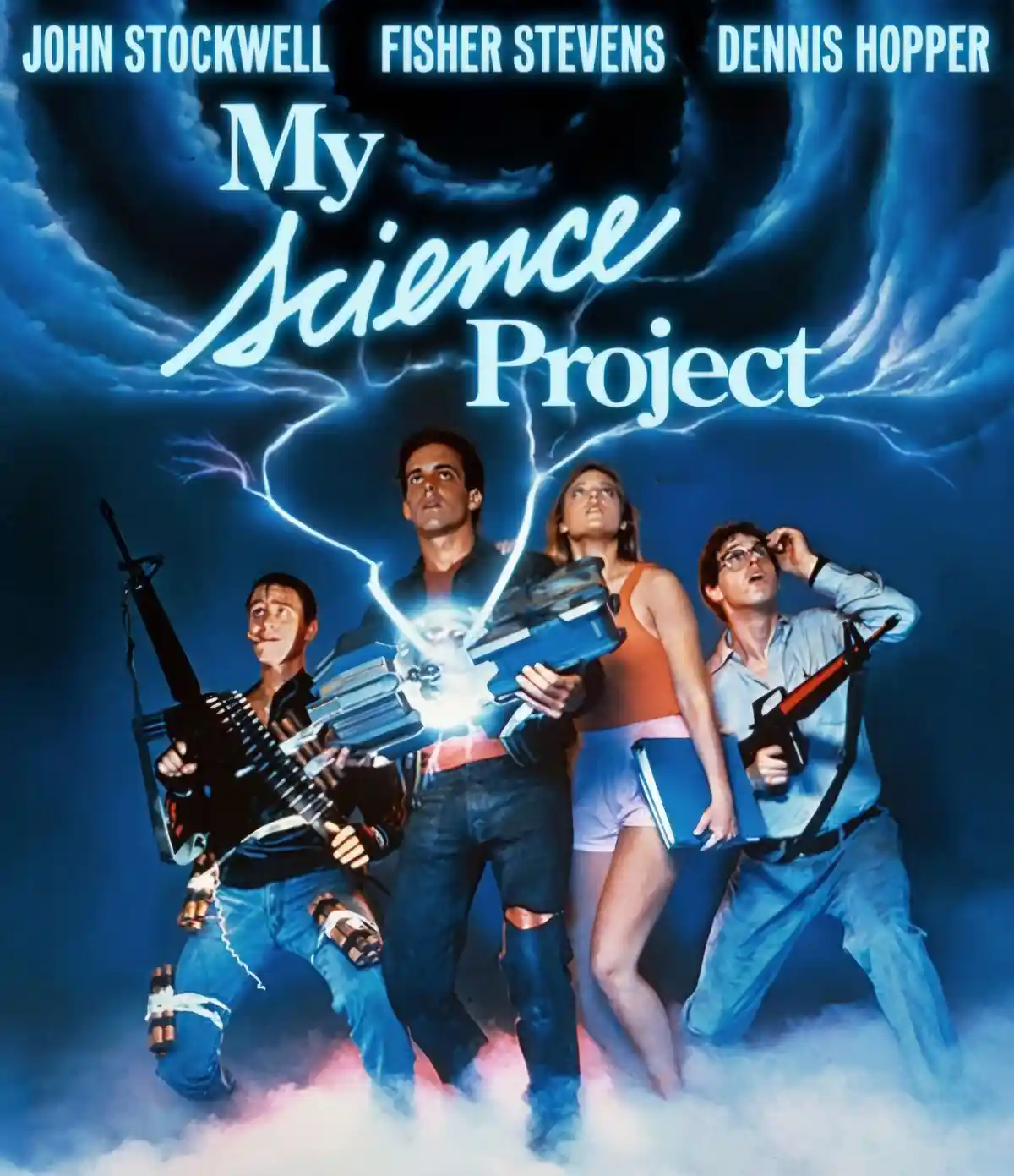 A movie poster for 'My Science Project' featuring four actors holding sci-fi weapons and looking upward at lightning against…